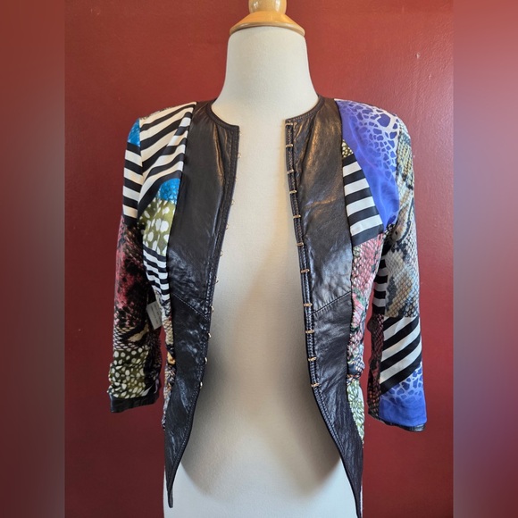Vintage-Inspired Studded Cropped Leather Jacket - Collarless Open-Front Blazer - Picture 11 of 14